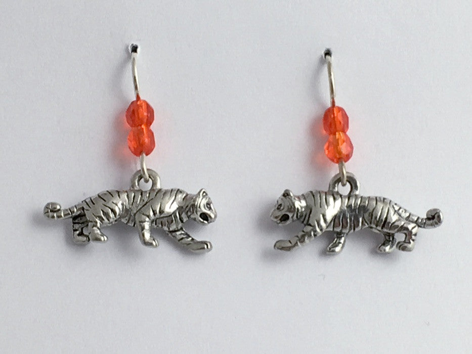 Pewter &  Sterling silver full body 3-D Tiger dangle earrings-Tigers, big cat,