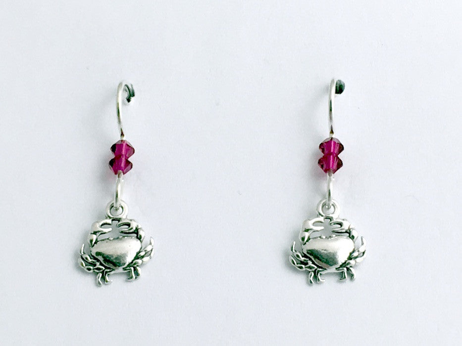 Sterling silver tiny crab dangle earrings-ocean,cancer,crustacean,ruby crystal