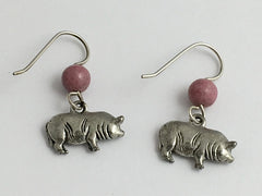 Pewter & Sterling silver full body pig dangle earrings-pigs,hogs,swine,rhodonite