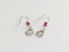 Sterling silver tiny crab dangle earrings-ocean,cancer,crustacean,ruby crystal