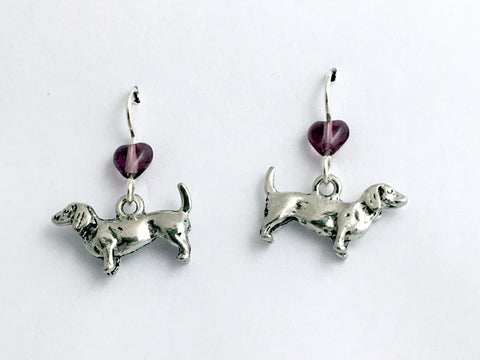 Pewter & sterling silver dachshund dog earrings-weiner dogs, canine, doxie,heart