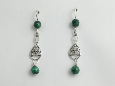 Sterling silver Celtic Trinity knot in drop dangle earrings-malachite, triquetra