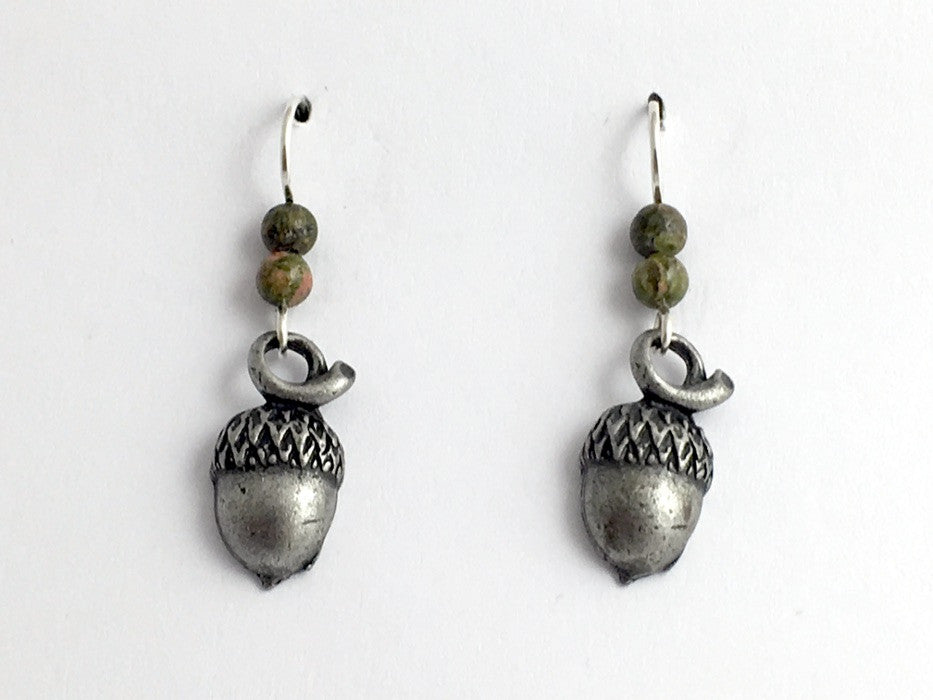 Pewter & Sterling Silver acorn dangle earrings-oak, tree, unakite, acorns, oaks