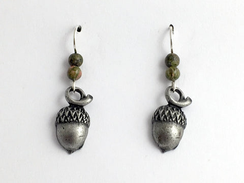 Pewter & Sterling Silver acorn dangle earrings-oak, tree, unakite, acorns, oaks