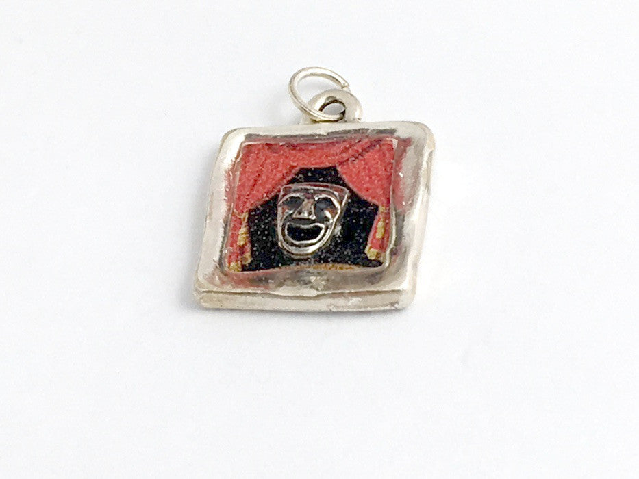 Pewter with stage print & sterling silver comedy mask pendant-resin-drama,theater