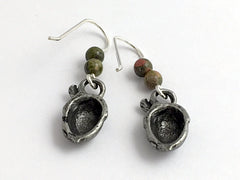 Pewter & Sterling Silver acorn dangle earrings-oak, tree, unakite, acorns, oaks