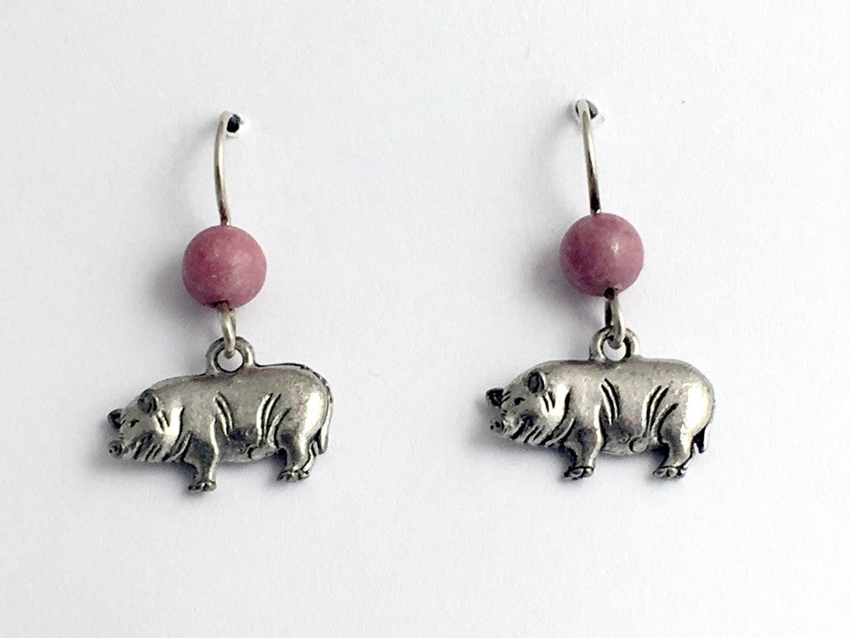 Pewter & Sterling silver full body pig dangle earrings-pigs,hogs,swine,rhodonite