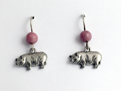 Pewter & Sterling silver full body pig dangle earrings-pigs,hogs,swine,rhodonite