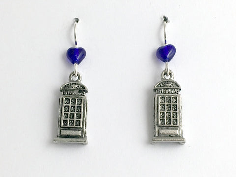 Pewter & sterling silver telephone booth dangle earrings-tardis-like, telephones