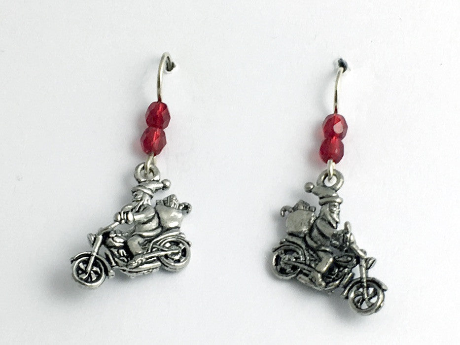 Pewter & Sterling Silver Santa on motorcycle dangle Earrings-Christmas- holiday