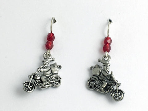 Pewter & Sterling Silver Santa on motorcycle dangle Earrings-Christmas- holiday