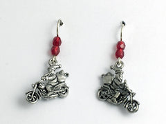 Pewter & Sterling Silver Santa on motorcycle dangle Earrings-Christmas- holiday