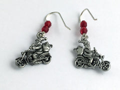 Pewter & Sterling Silver Santa on motorcycle dangle Earrings-Christmas- holiday