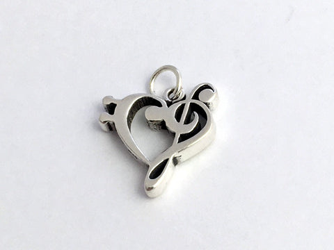 Sterling Silver Treble and bass clef heart charm or pendant, music, band, love