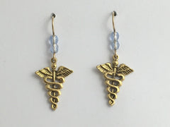 Goldtone Pewter & 14k GF Caduceus dangle Earrings-Doctor-RN-medicine-MD, medical