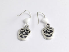 Pewter & Sterling silver Sugar Skull dangle Earrings-Calavera- Day of the Dead