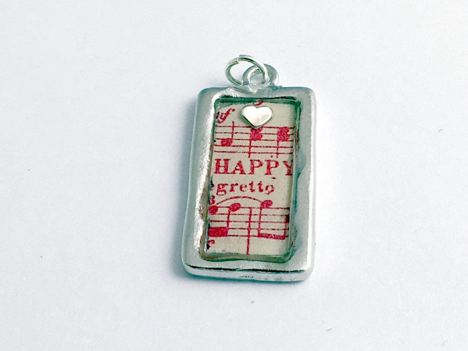 Pewter frame pendant, sheet music, sterling silver heart-resin, Happy, musician