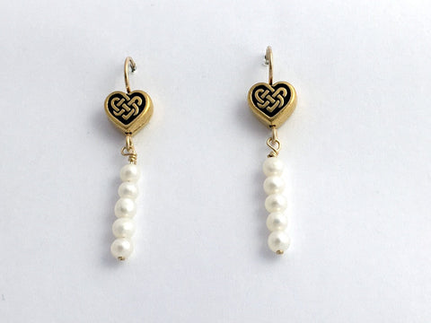 Gold tone Pewter & 14k gf  Celtic Knot Heart earrings, fw pearls dangle, hearts