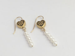 Gold tone Pewter & 14k gf  Celtic Knot Heart earrings, fw pearls dangle, hearts