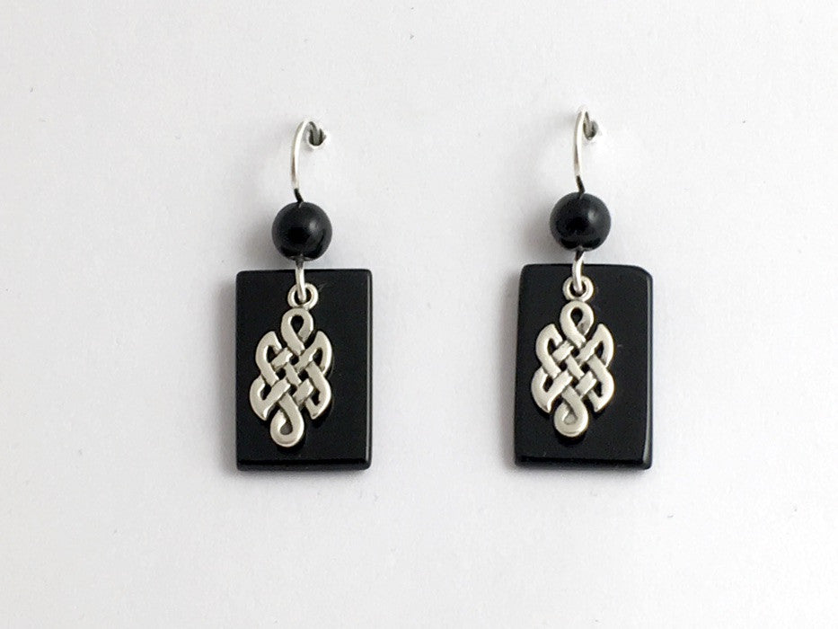 Sterling Silver Celtic Knot dangle Earrings- Obsidian beads, Knots, 1 3/8" long