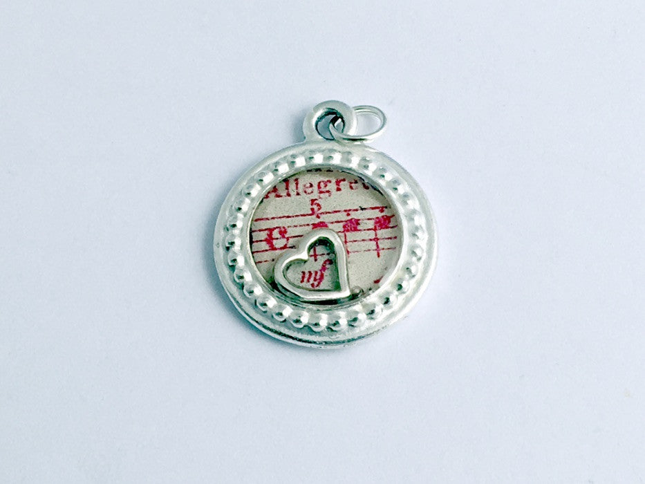 Round Pewter frame Sheet music with sterling silver heart pendant-resin,musician