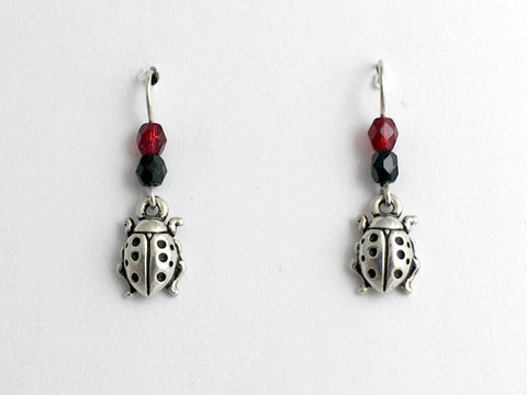 Pewter & Sterling Silver  Ladybug dangle earrings- red & black glass , ladybugs