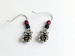 Pewter & Sterling Silver  Ladybug dangle earrings- red & black glass , ladybugs