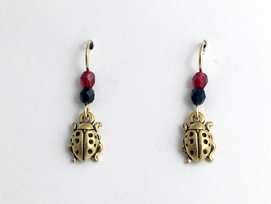 Gold tone Pewter & 14kgf earwire Ladybug earring- ladybugs, insect, black & red