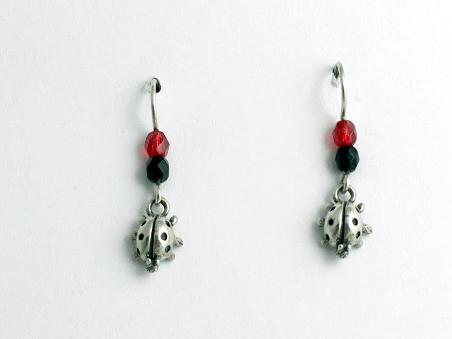Sterling Silver small Ladybug dangle earring- red/black-insect, lady bug, bugs