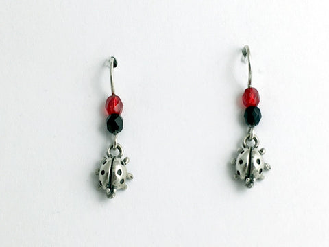 Sterling Silver small Ladybug dangle earring- red/black-insect, lady bug, bugs