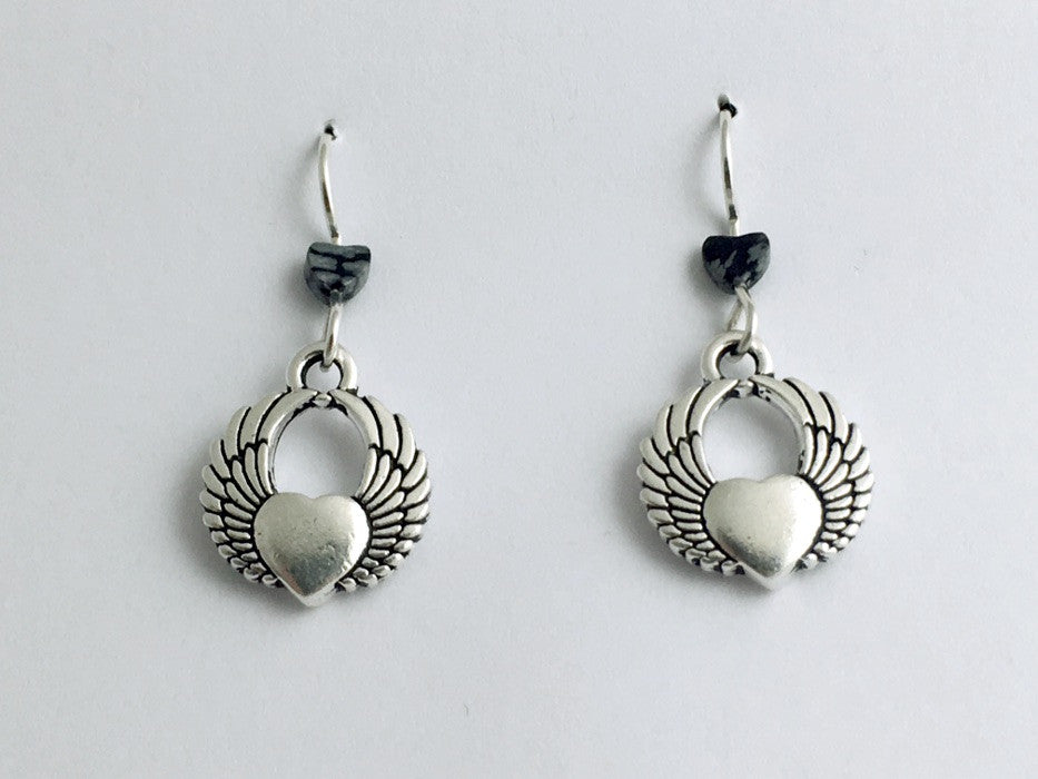 Pewter & sterling silver Heart with wings dangle earrings-snowflake obsidian