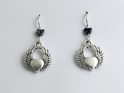 Pewter & sterling silver Heart with wings dangle earrings-snowflake obsidian