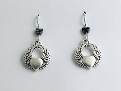Pewter & sterling silver Heart with wings dangle earrings-snowflake obsidian