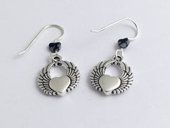 Pewter & sterling silver Heart with wings dangle earrings-snowflake obsidian