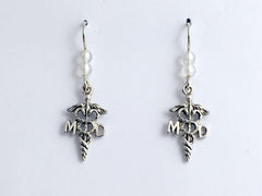 Sterling silver Caduceus MD dangle  earrings-Doctor- Medicine- Dr., Medical,