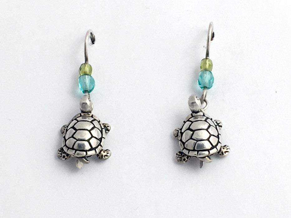 Pewter & Sterling silver medium 3-D turtle earrings-ocean -turtles,reptile,glass