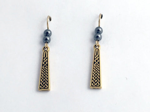 Gold tone Pewter & 14k gf Celtic knot braid dangle earrings - Hematite , knots