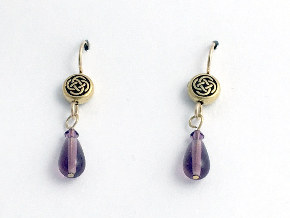 Gold tone Pewter &14k gf Celtic small Round Knot earrings- purple glass,crystal
