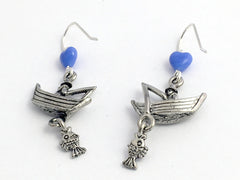 Pewter & sterling silver fisherman w/boat dangle earrings-fish, fisherwoman