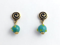 Gold Tone Pewter & surgical steel Spiral Stud with aqua and green glass Earrings
