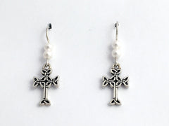 Pewter & Sterling silver Celtic knot cross dangle earrings-  glass "pearls"