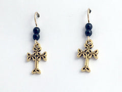 Gold tone Pewter & 14k gf Celtic knot Cross  dangle earrings-black glass, religion