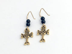 Gold tone Pewter & 14k gf Celtic knot Cross  dangle earrings-black glass, religion