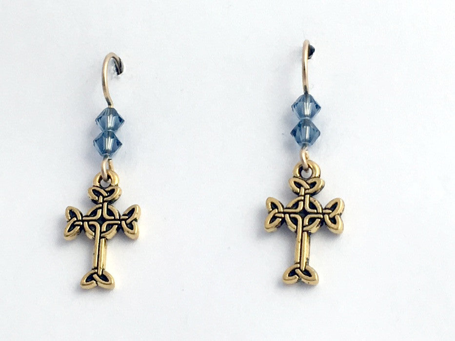 Gold tone Pewter & 14k gf Celtic knot Cross  dangle earrings- denim blue crystal