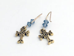 Gold tone Pewter & 14k gf Celtic knot Cross  dangle earrings- denim blue crystal