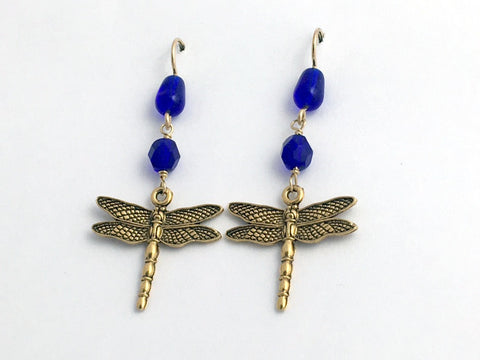 Gold tone Pewter large Dragonfly dangle earring-14kgf earwire-dragonflies-cobalt