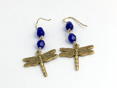 Gold tone Pewter large Dragonfly dangle earring-14kgf earwire-dragonflies-cobalt