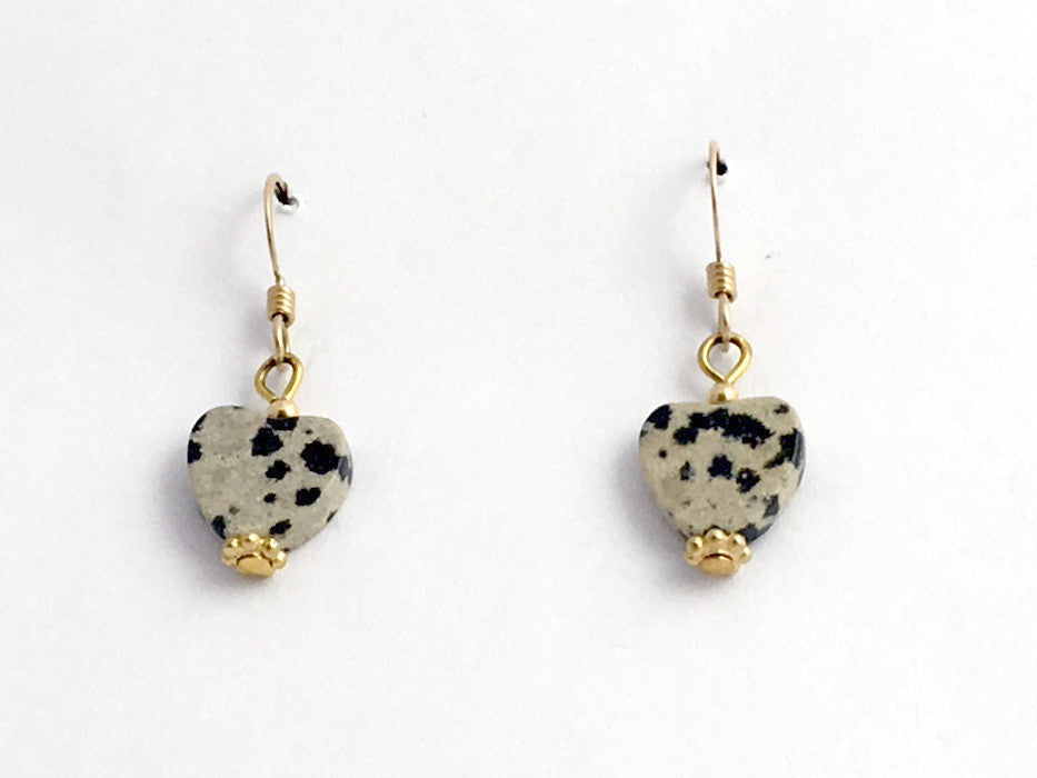 Dalmatian Jasper heart dangle earrings-love,14k gold filled wire, Valentine
