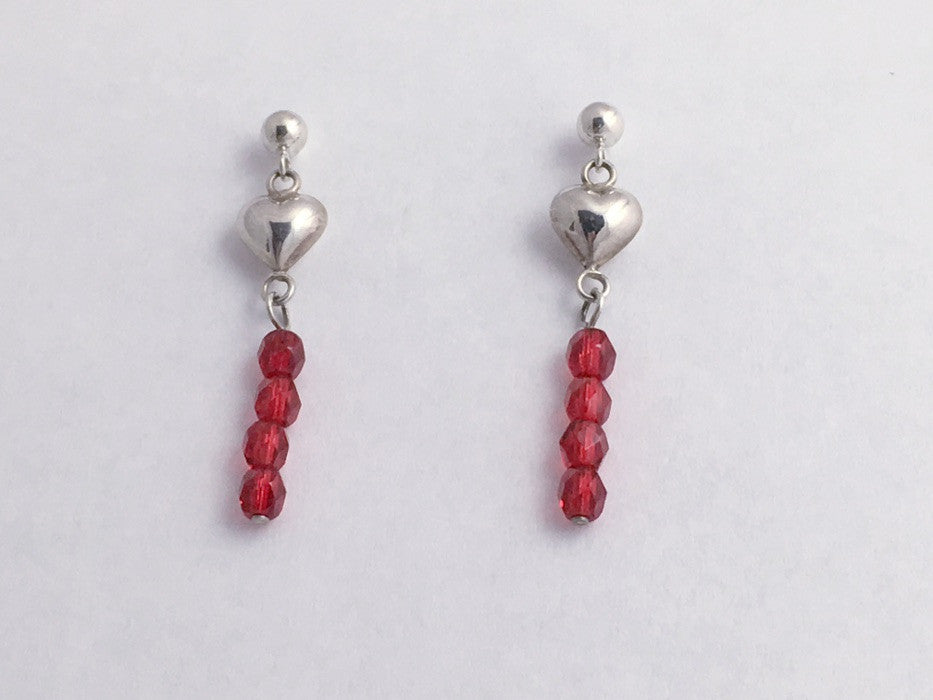 Sterling Silver 4mm ball stud w/ small puffy heart dangle Earrings-Valentine,red