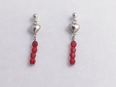 Sterling Silver 4mm ball stud w/ small puffy heart dangle Earrings-Valentine,red
